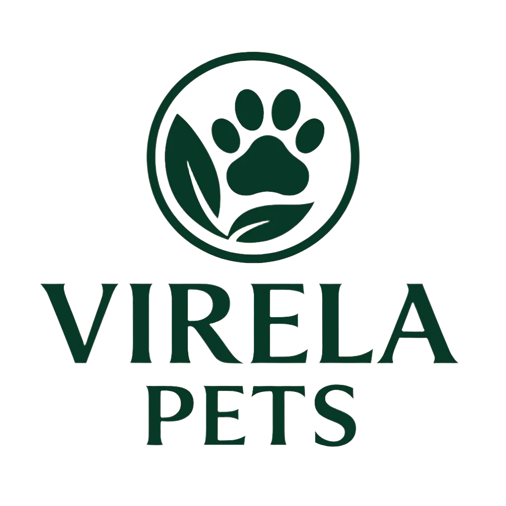 Virela Pets logo with a paw and leaf design on a white background